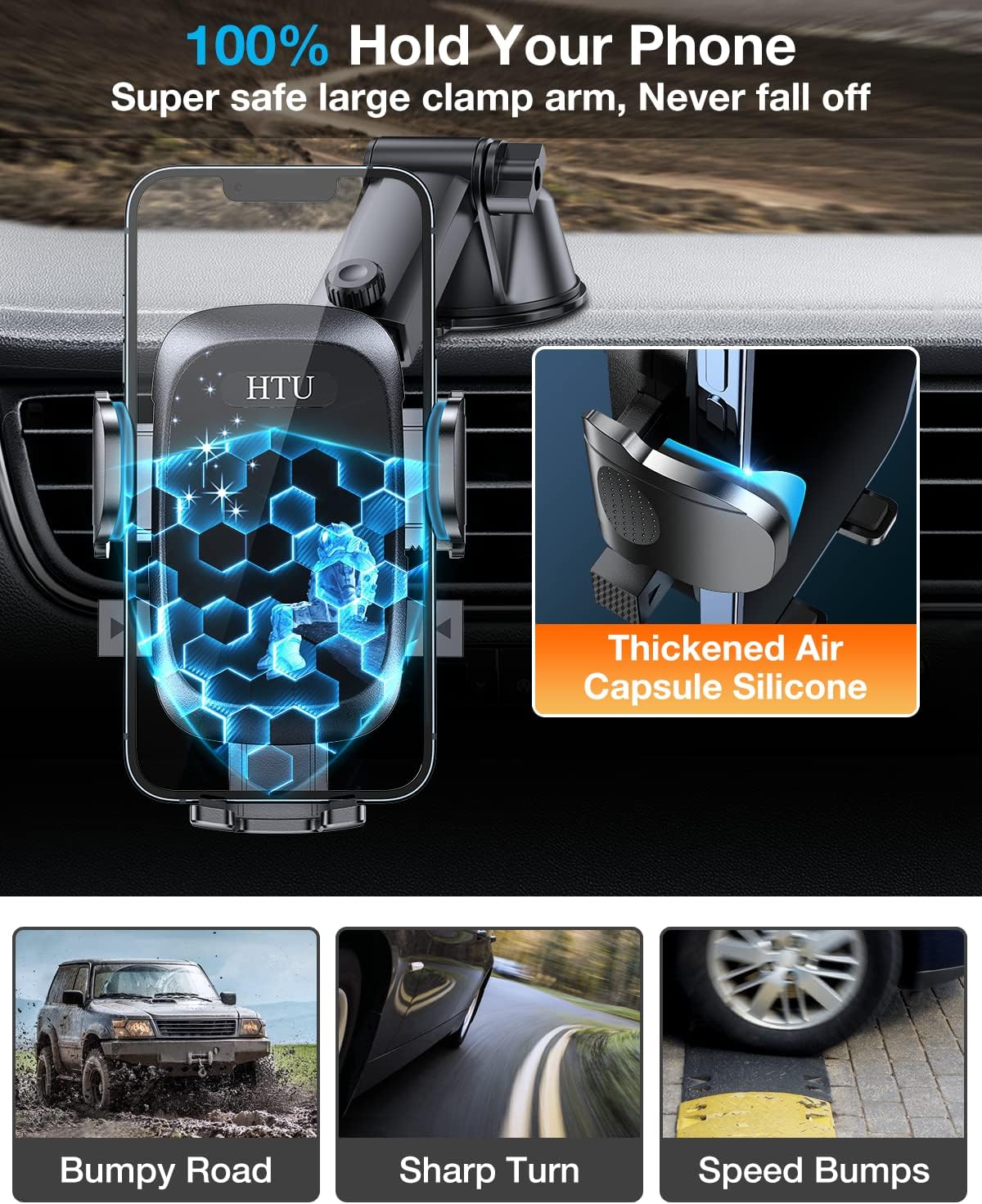 HTU [True Military-Grade] 2025 Upgraded Car Phone Holder 【Safety Certs & No Smell】 Cell Phone Holder for Car Mount for Dashboard Windshield Air Vent Long Arm Thick Case,Navy Blue