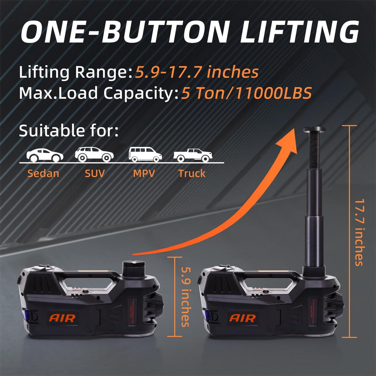 STANDTALL Electric Car Jack Kit 5 Ton 12V Hydraulic Floor Jack with Impact Wrench and Tire Inflator Pump Lift Jack with LED Light for SUV Sedan Truck Road Emergency Tire Change