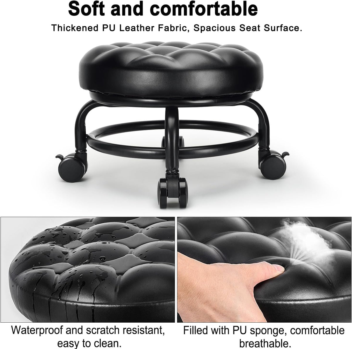 Low Height Rolling Stool Roller Stool PU Leather Comfortable Seat 360°Swivel Rotating, Modern Rolling Chair for Home Office Garage Shop