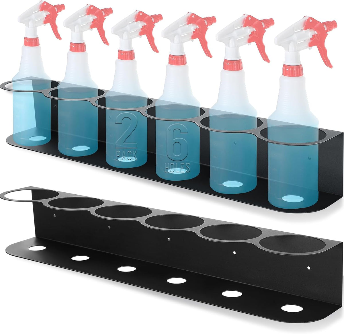 Therwen 2 Pcs 6 Holes All Purpose Steel Spray Bottle Holder Heavy Duty Can Holder Rack Organizer Easy Install Wall Mount Paint Spray Bottle Organizer Storage Rack for Garage Home Workspace(Black)