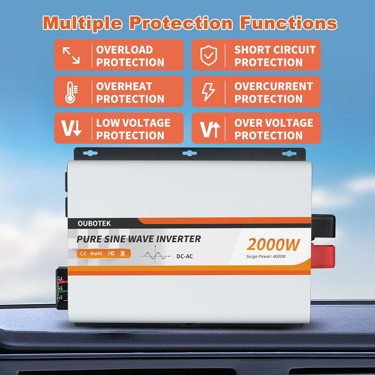 2000W Pure Sine Wave Inverter 12V DC to 120V AC Converter for Vehicles Boat Camping Outdoor Solar System, 2000 Watt Power Inverter with LCD Display, Remote Controller, USB Port, 4 AC Outlets