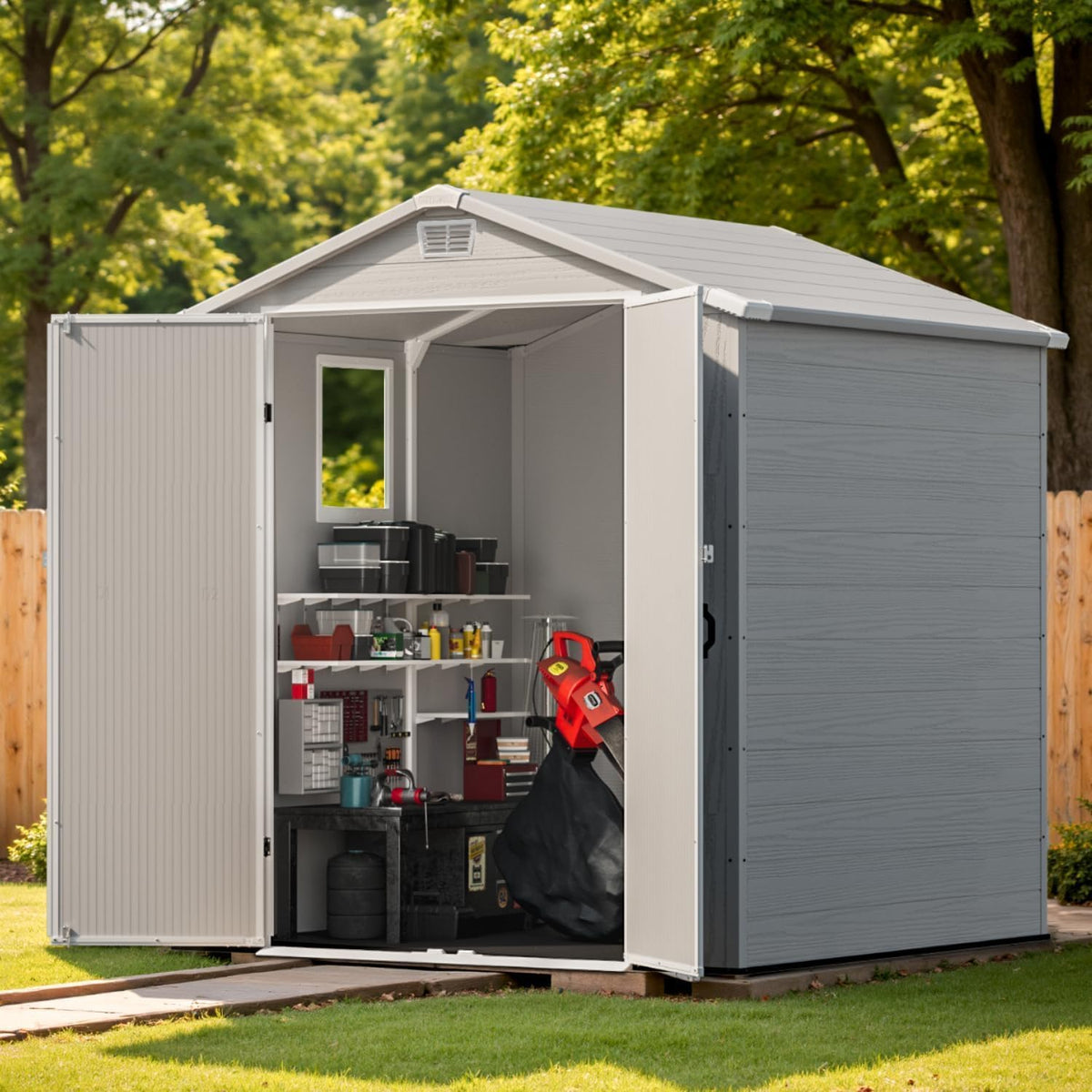 Patiowell 6x6 FT Outdoor Storage Shed with Floor - Resin Tool Shed with Lockable Door & 2 Windows, Easy Assembly for Garden, Backyard, Lawn Equipment, Light Grey