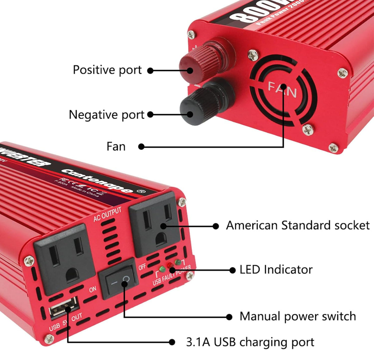 800 Watt Car Inverter DC 12V to 110V/120V AC Converter Power Inverter with 3.1A USB Car Adapter and Cigarette Lighter for Car Home Laptop Truck
