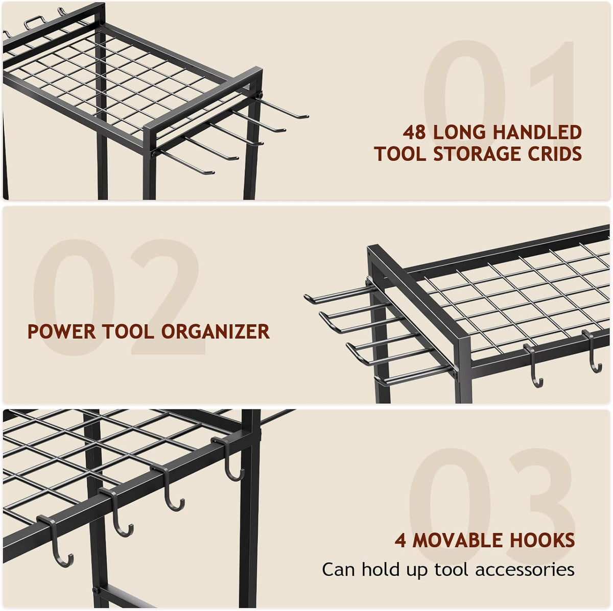 Garden Garage Tool Organizer - Yard Tool Organizer for Garage with 4 Hooks, Heavy duty Steel Garden Tool Rack Holds up to 48 Long Handled Yard tools for Storage