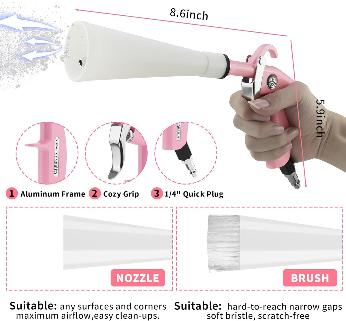 XIAOFENG Tornado Dry Cleaning Gun Detailing Interior Dryer Air Blow Gun with 2 Set Nozzle High Pressure Car Drying Blower Gun for Women Car Quickly Blasts Dirt and Dust from Surface Pink
