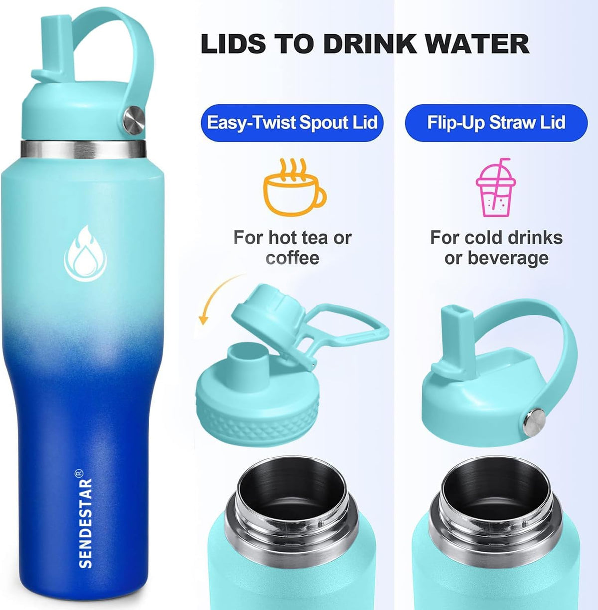 SENDESTAR 40oz Stainless Steel Water Bottle(Cold for 48 Hrs, Hot for 24 Hrs),Double Wall Vacuum Insulated Bottle with Straw Lid, Spout Lid and Flex Cap, Fit in Any Car Cup Holder