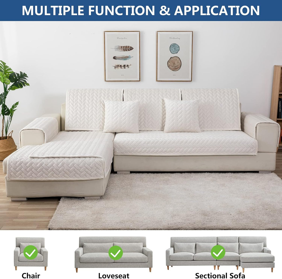 Eismodra Couch Cover,Sectional Couch Covers,Sofa Covers for 3 Cushion Couch,Anti-Slip Sofa Slipcovers for Dogs Cats Kids Loveseat Recliner L Shaped Armrest Backrest,White 36''x70''(Only 1 Piece)