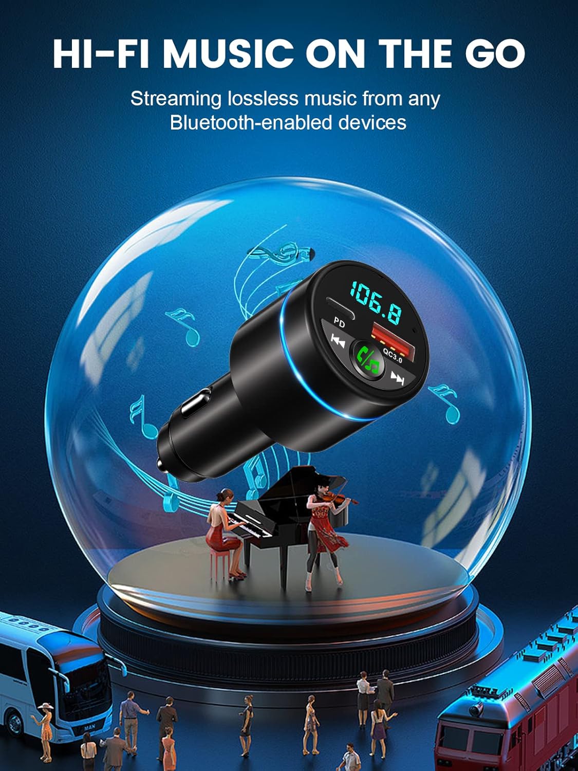 FM Transmitter for Car Bluetooth 5.3, [All-Metal] PD 30W & QC3.0 18W Fast Car Charger, Wireless FM Radio Car Kit Bluetooth Car Adapter, Noise Cancelling Hands-Free Call, Blue Light - Black
