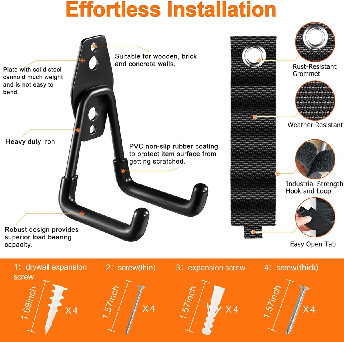 Heavy Duty Garage Hooks 4 Pack, 7.7 inch U Shaped Long Hanger, with 2 Extension Cord Holder Organizer, Wall Mounted Storage System, for Power and Garden Tool Hanging， Ladders, Bikes, Hose