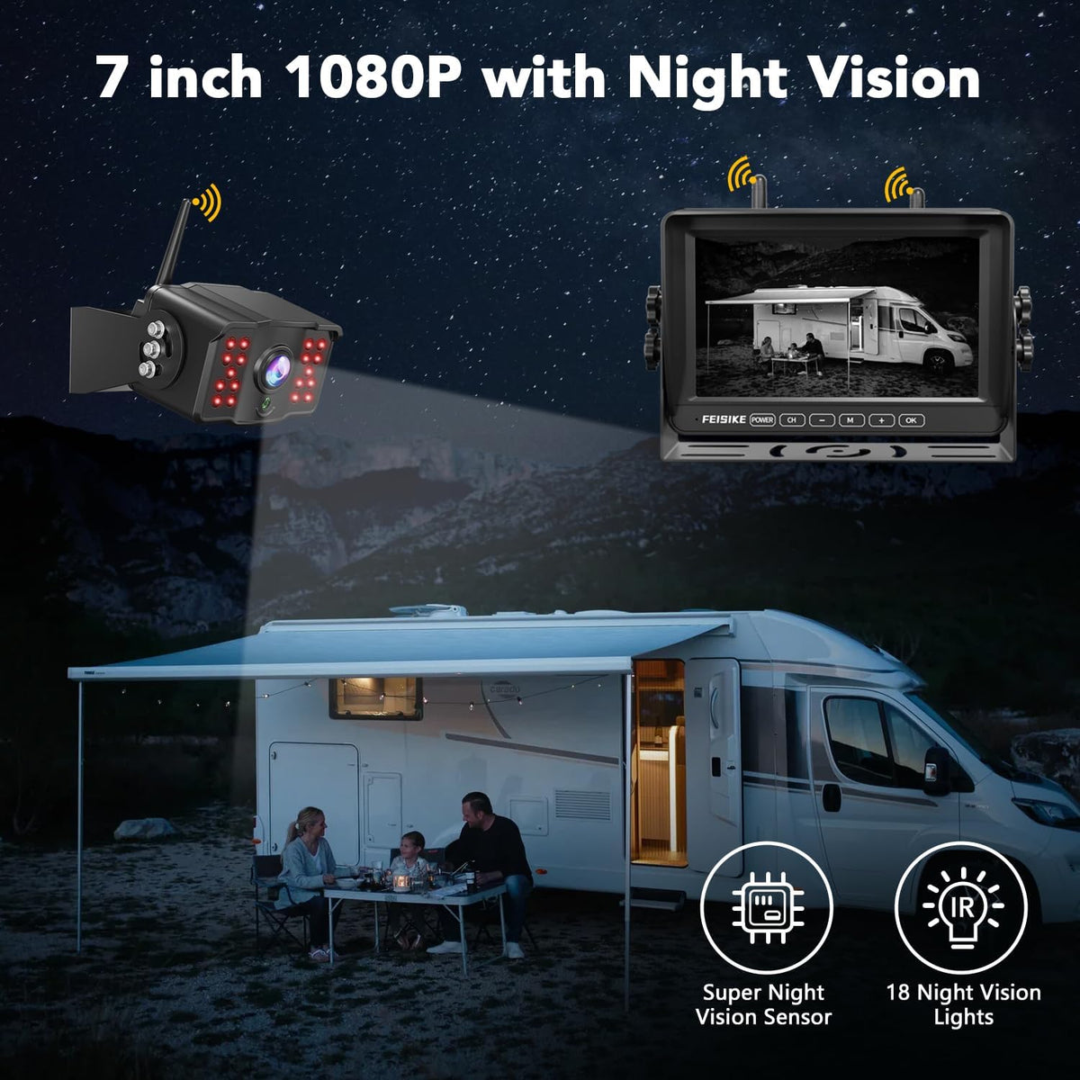 RV Backup Camera Wireless with 7" 1080P Monitor, for Furrion Pre-Wired RV, 4-Channel Split Screen System, Loop Recording, IR Night Vision, Wide Rear View Camera for Truck, Trailer, Camper