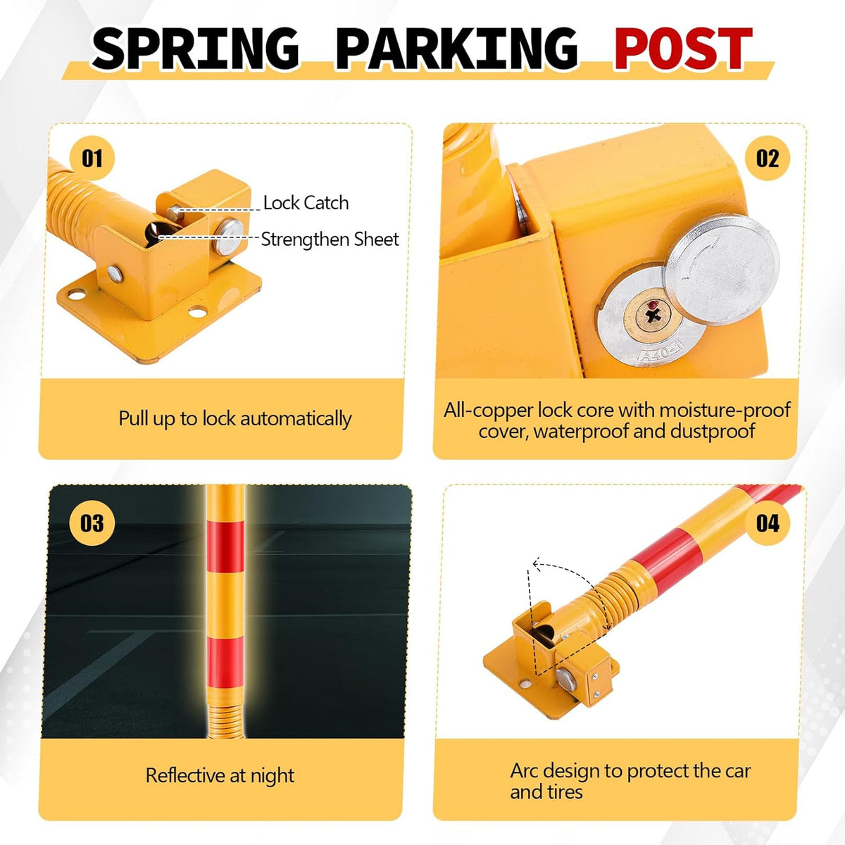 Zonon 2 Pcs Spring Parking Post Folding Heavy Metal Parking Barrier Lock Obstacle Pile with Warning Stripes Interceptor Bollard for Traffic-Sensitive Area Garage