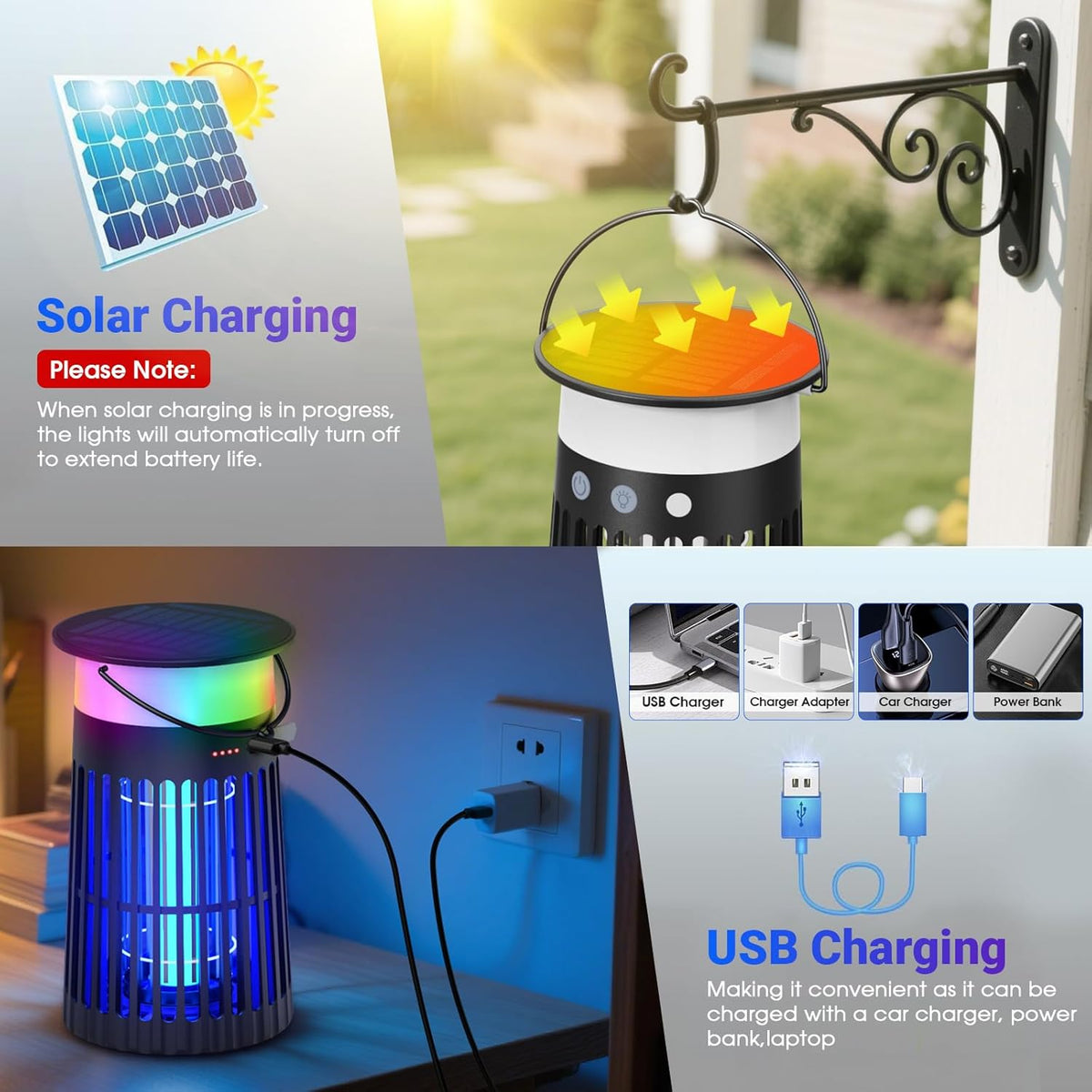 Solar Bug Zapper Outdoor, Portable Electric Mosquito Killer with Panel Sensor, Rechargeable Insect Trap with LED Night Light and Flame Effect, Ideal for Outside Patio, Backyard, and Camping (1 Pack)