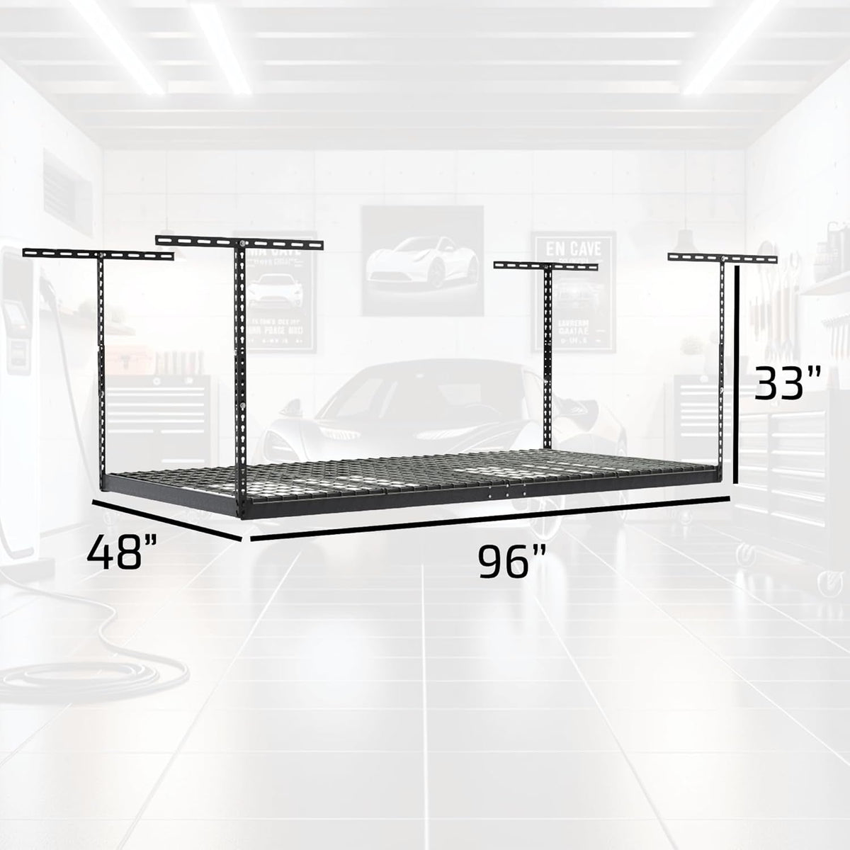 MonsterRax Overhead Garage Storage Rack - 4 x 8 Ceiling Rack for Garage Racks, Organization Shelving, Adjustable Hanging Shelf, Grey 18"- 33" Height Adjustment