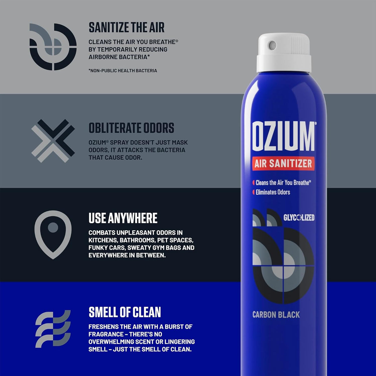 Ozium 3.5 Oz. Air Sanitizer & Odor Eliminator for Homes, Cars, Offices and More, Carbon Black Scent, 4 Pack