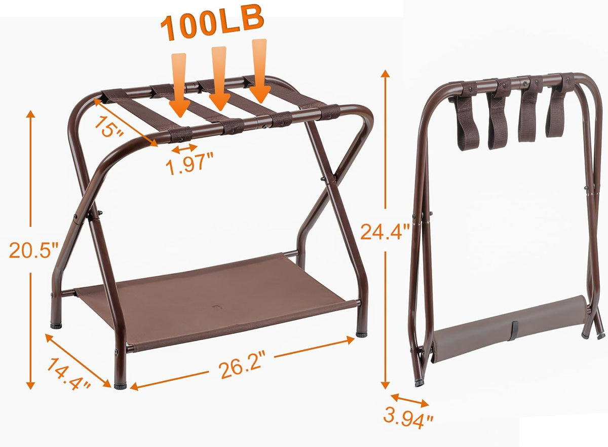 Heybly Luggage Rack, Steel Folding Suitcase Stand with Storage Shelf for Bedroom, Hotel, Foldable Steel Frame, Guest Room Bedroom Hotel, 22.8" L x 11.8" W x 20.9" H, Brown HLR004Z1