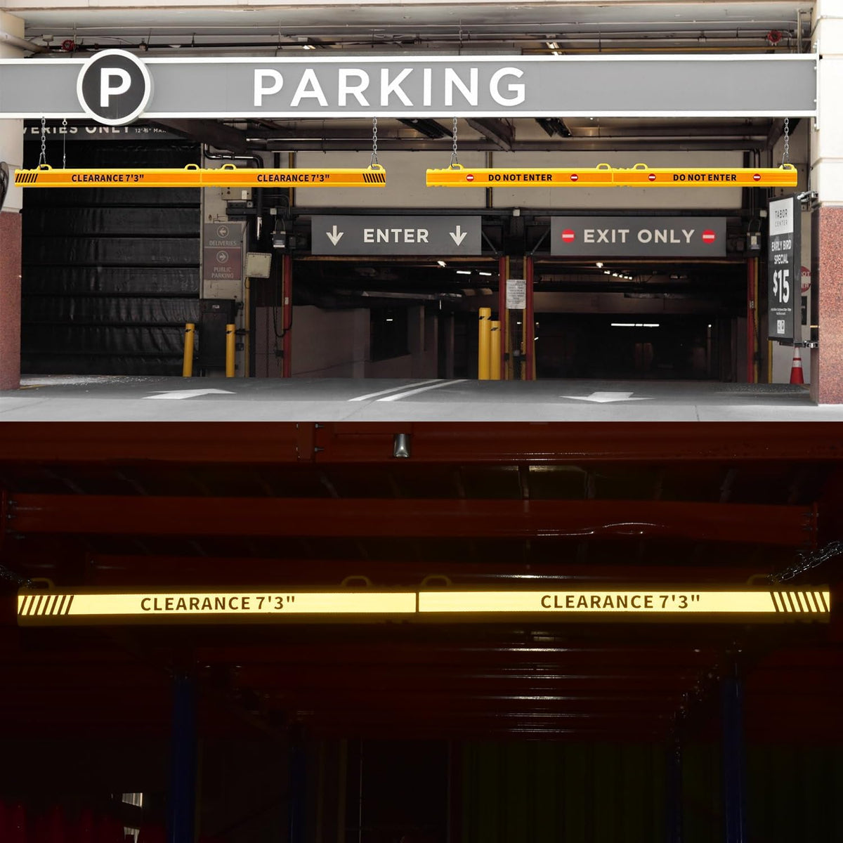 78" Parking Garage Height Clearance Bar - DO NOT ENTER & CLEARANCE 7' 3" - Hanging Crossbar by Chains, Yellow Reflective Parking Signs for Parking Lot, Warehouse, Garage Entrance and Exit
