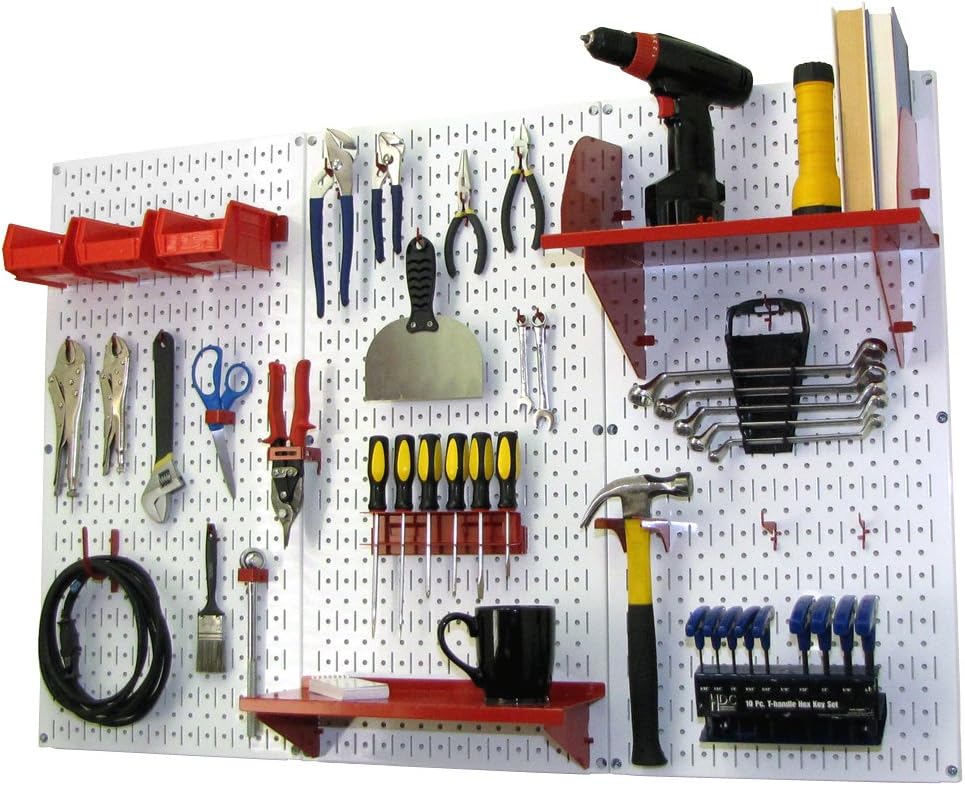 Wall Control Pegboard Organizer 4 ft. Metal Pegboard Standard Tool Storage Kit with White Toolboard and Red Accessories