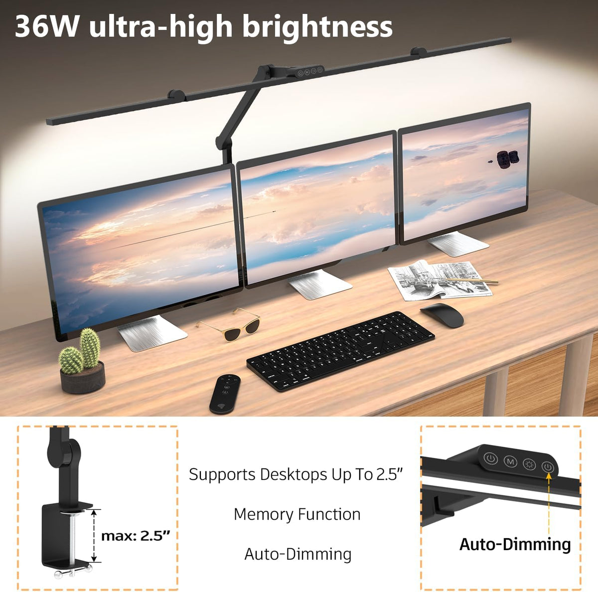 3000 Lumen Ultra Bright Architect Desk Lamp with Clamp, 36W Tall Overhead Led Desk Light for Home Office, 47Inch Long Dimmable Computer Monitor Light Bar with Remote for Table Desktop Drafting
