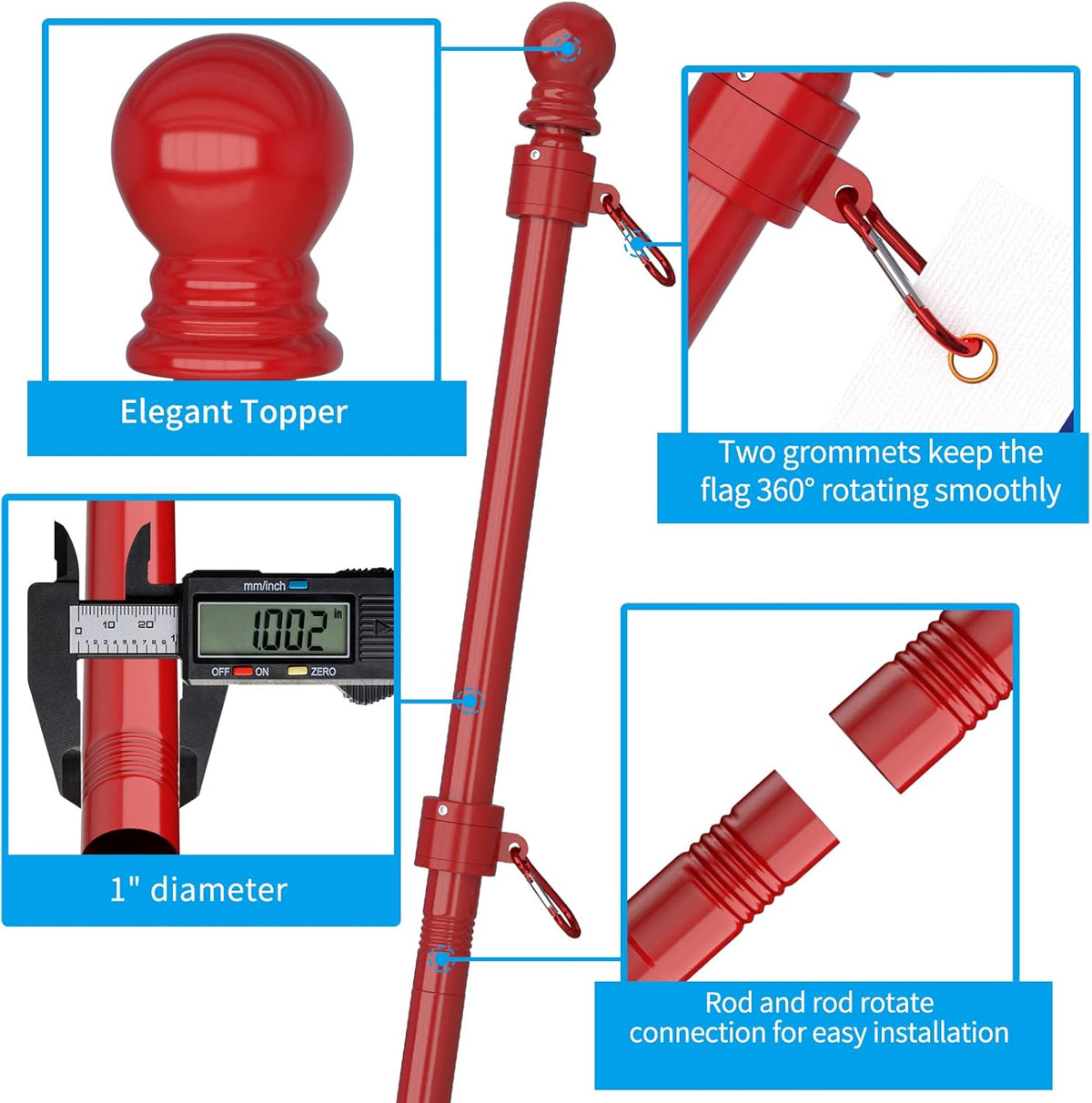 ZMTECH Flag Pole - Upgraded Bracket,(2 Packs) 6 FT Stainless Steel Flag Poles for Outside House, Residential or Commerical, Tangle Free Flag Pole Kit for American Flag (Without Flag, Red)