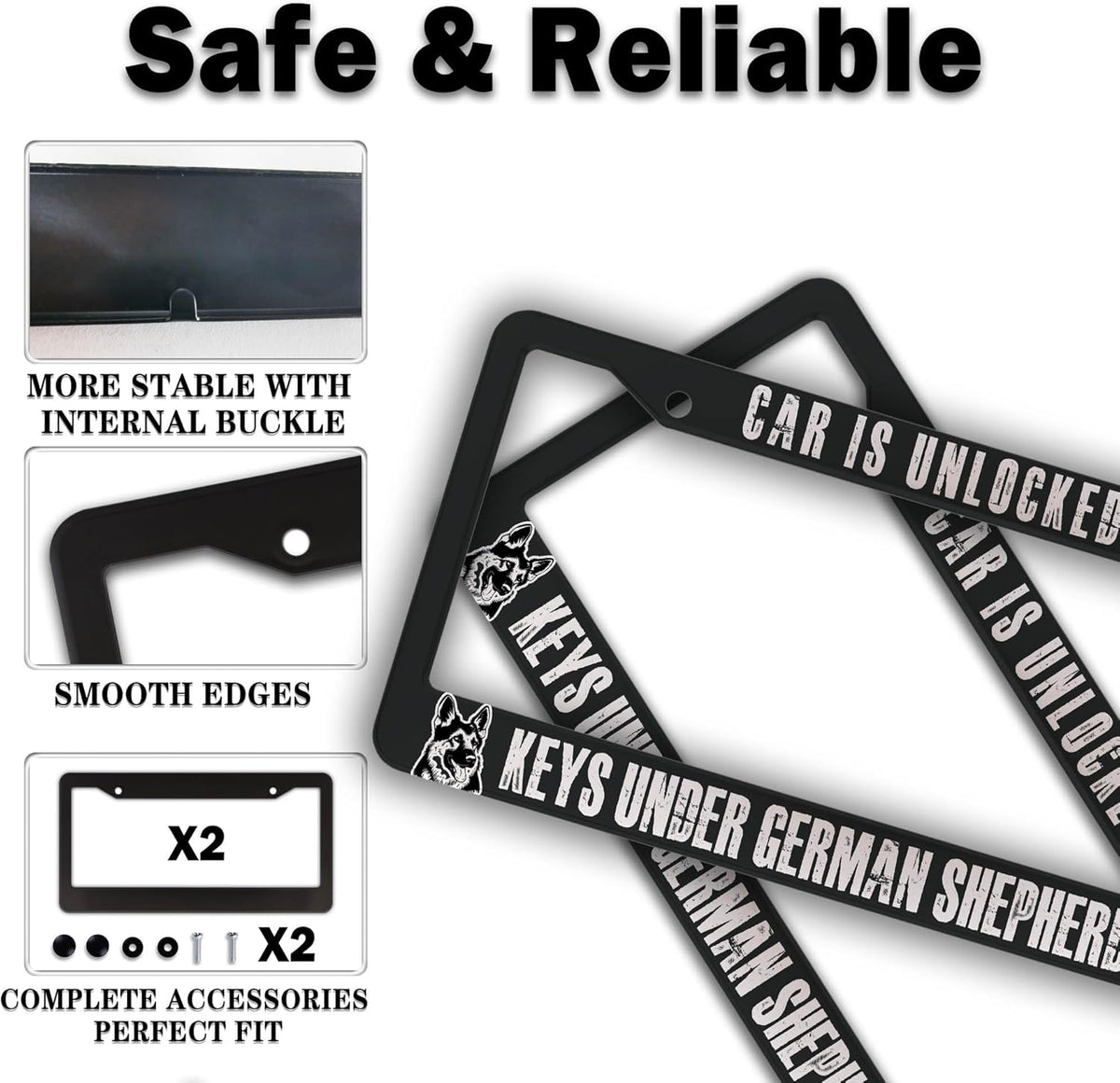 Front License Plate Bracket Black and White License Plate Frames Car is Unlocked Keys Under German Shepherd Universal Aluminum Car Accessory 2 Pack with Screw Covers Set