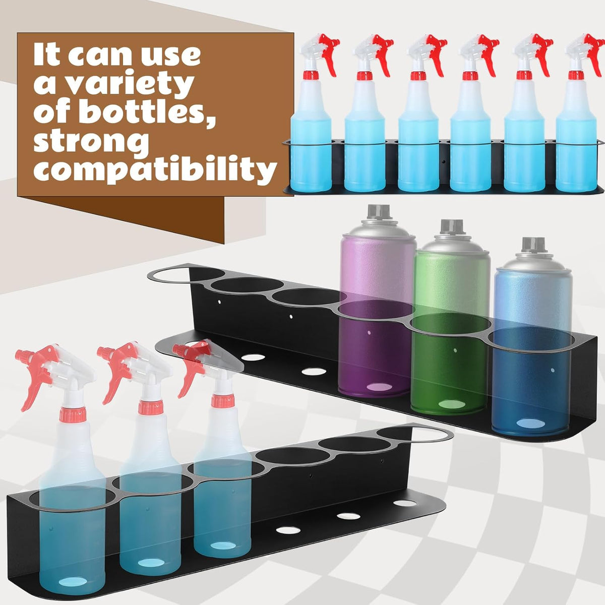 Therwen 2 Pcs 6 Holes All Purpose Steel Spray Bottle Holder Heavy Duty Can Holder Rack Organizer Easy Install Wall Mount Paint Spray Bottle Organizer Storage Rack for Garage Home Workspace(Black)