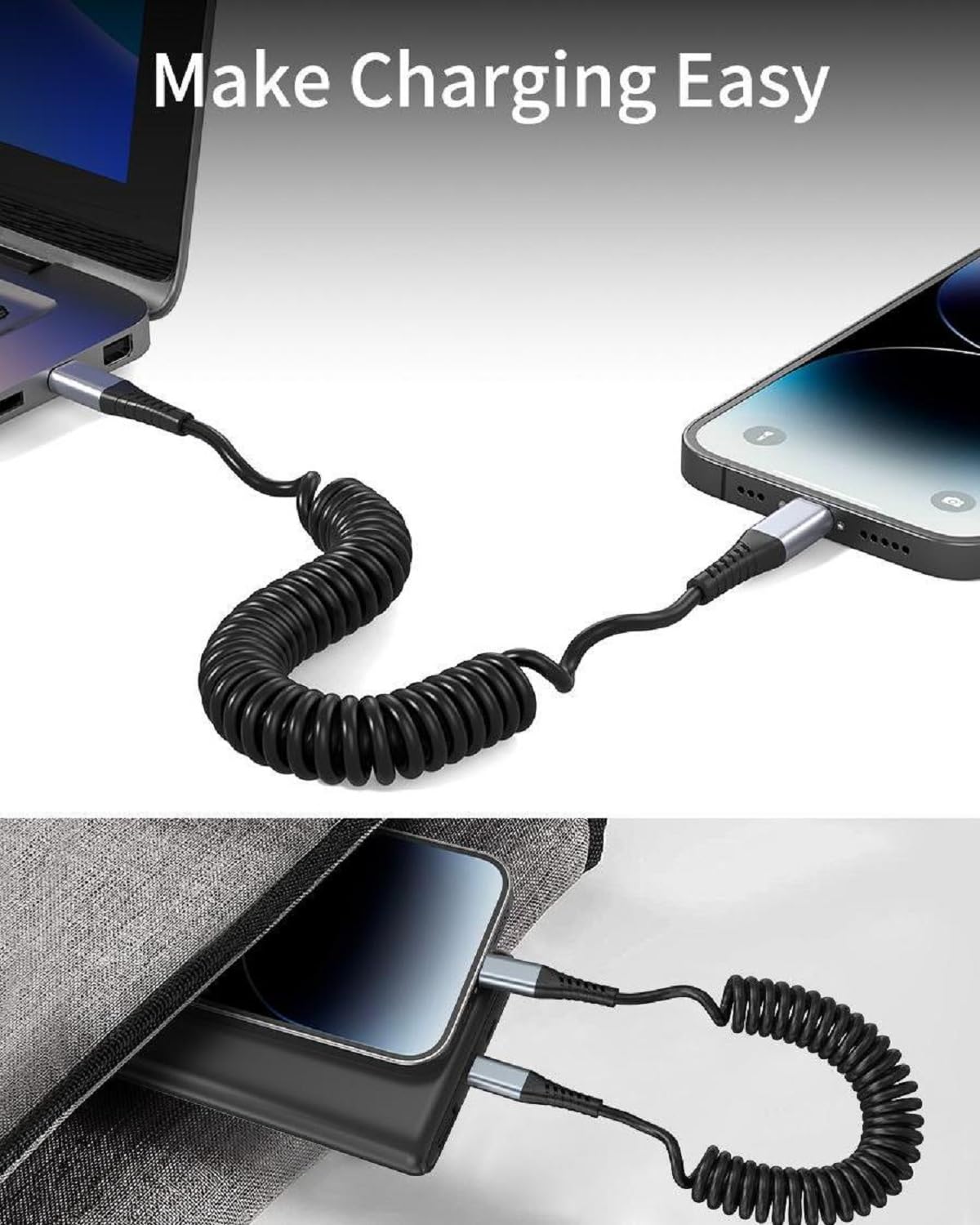 Coiled Lightning Cable, 2 Pack Retractable iPhone Charger Cord for Car, USB to Lightning Cable Fast Charging Compatible with iPhone 14 13 12 11 Pro Max Mini 10 8 Plus XR SE, AirPods