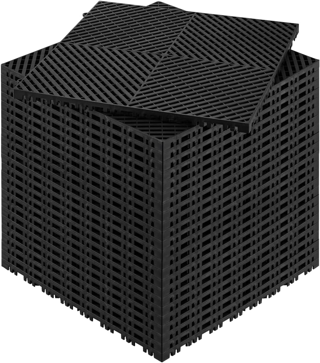 VEVOR Interlocking Drainage Mat, 15.7” x 15.7” Modular Interlocking Cushion, 24 Pcs Splicing Drainage Mats, Non-Slip Black PP Drainage Floor Tile and Shower Mat, for Garage, Garden, Kitchen & Outdoor