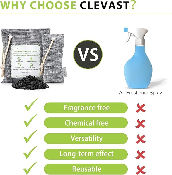 CLEVAST 14 Pack Activated Bamboo Charcoal Air Purifying Bags(2x200g, 12x50g), Natural Fresh Odor Absorber, Deodorizer and Moisture Eliminator, Air Purifier Bags for Home