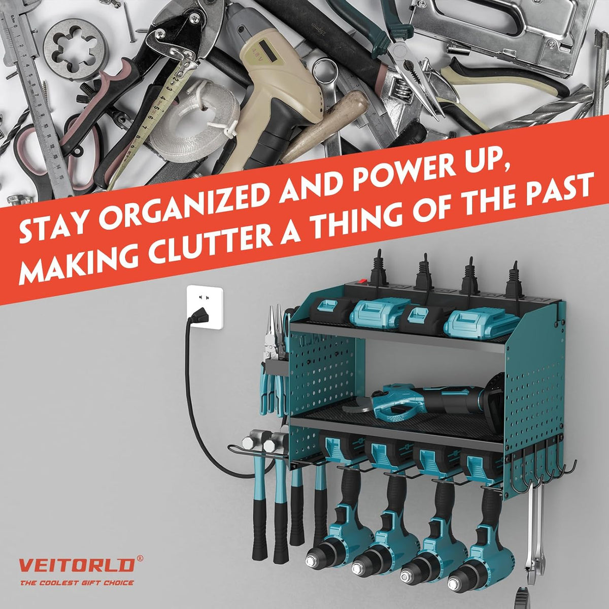 Veitorld Power Tool Organizer with Charging Station, Heavy Duty Modular Wall Mount Rack for Garage - 4 Drill Holders, Tool Storage Organizer, Christmas Birthday Gifts for Men Him Dad Husband