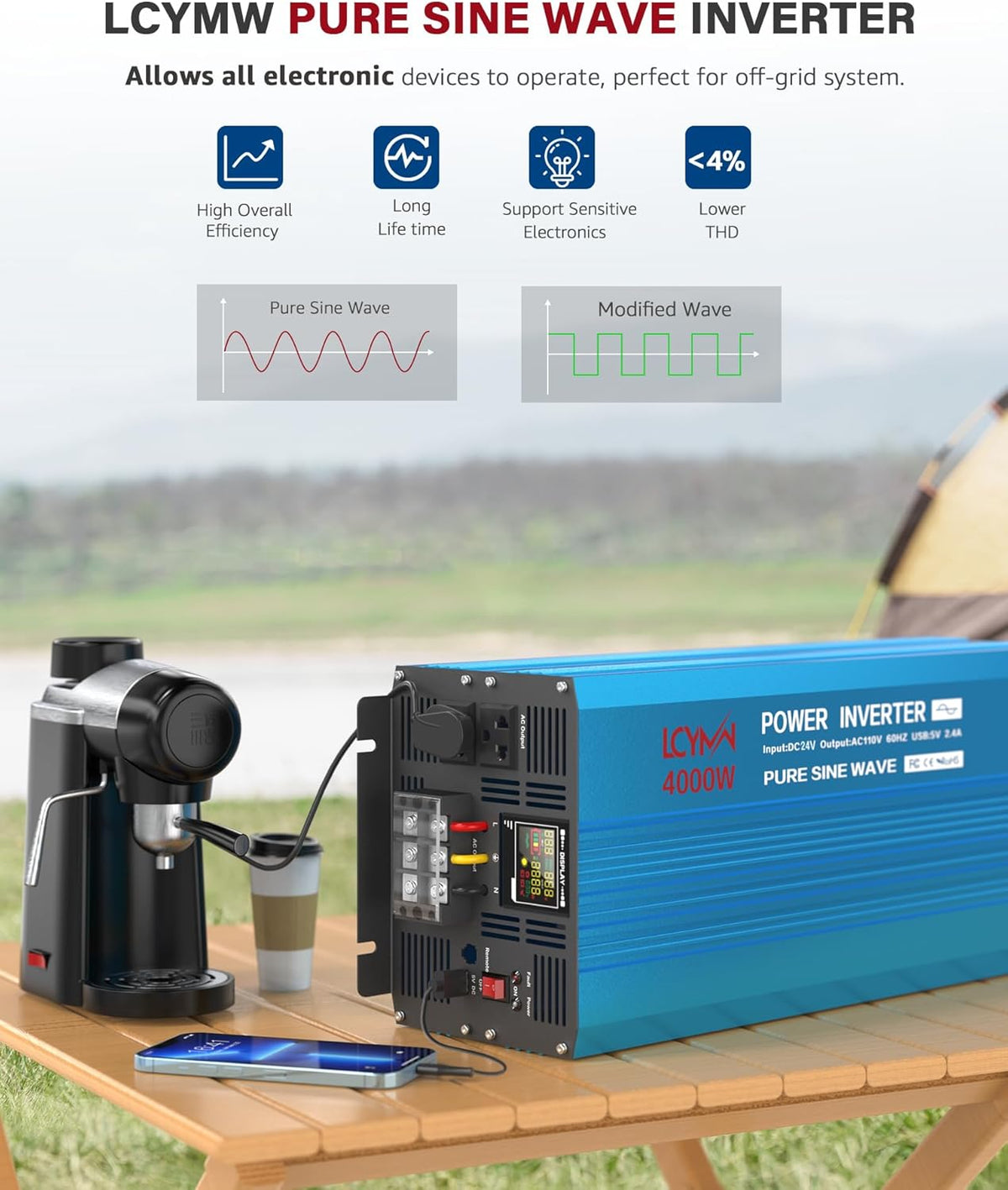 4000 Watt Pure Sine Wave Power Inverter DC 12V to 110/120V AC with 2 AC Charger Outlets and Wiring Terminal 8000W Peak Car Solar Converter for Vehicle Home with LCD Display and QC3.0 USB Charging Port