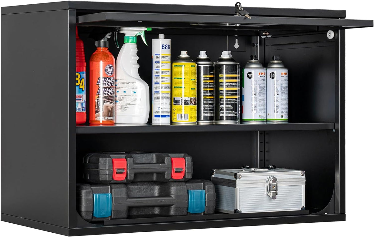 Metal Storage Cabinet Black Wall Cabinets with Shelf and Locking Door - Wall Mounted Storage Cabinet for Garage Warehouse Home Office - Assembly Required