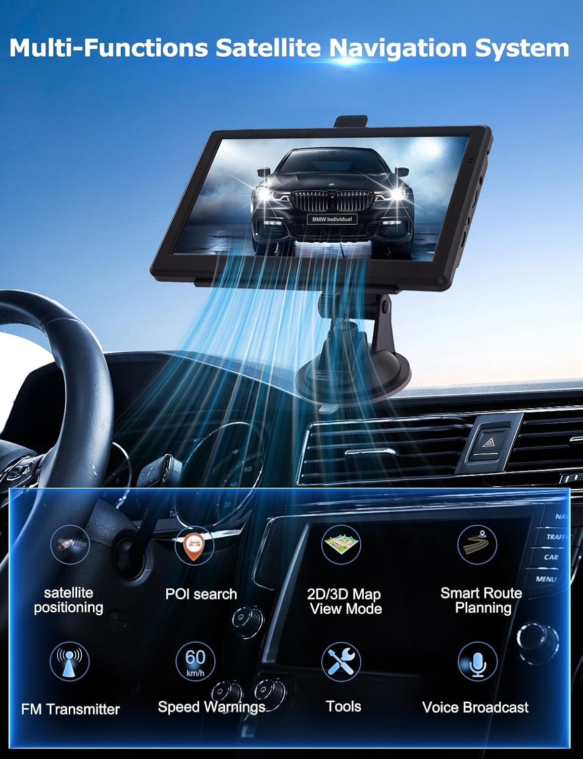 GPS Navigator for Car with 7" Touch Screen & Voice Steering Guidance/Speed/Red Light Warning/Custom Truck Routing,Car GPS Tracker with The Lastest Map-Free Lifetime Updates