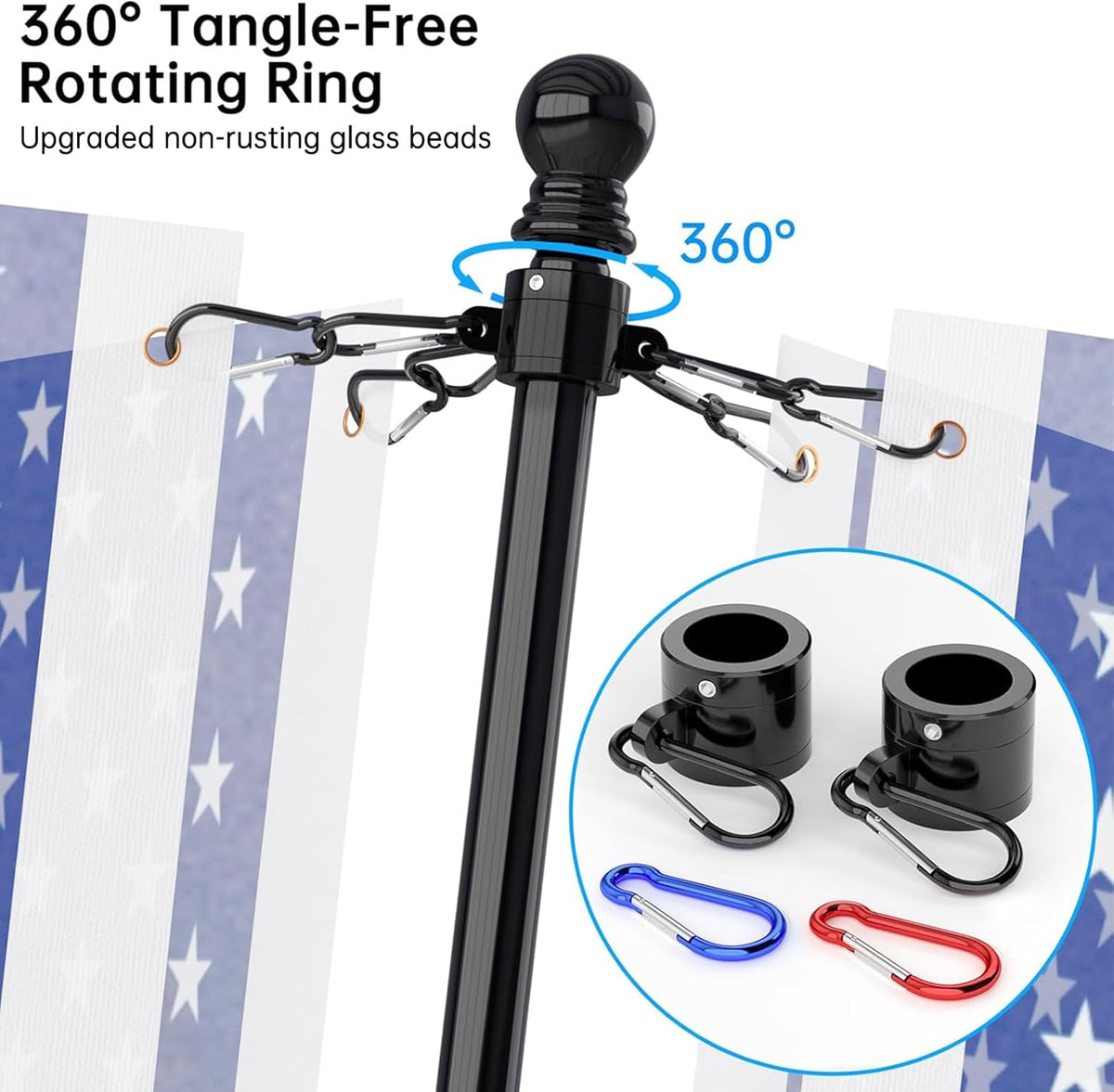 ZMTECH Flag Pole - Upgraded Bracket, 6 FT Stainless Steel Flag Poles for Outside House, Residential or Commerical, Tangle Free Flag Pole Kit for American Flag (Without Flag, Black)