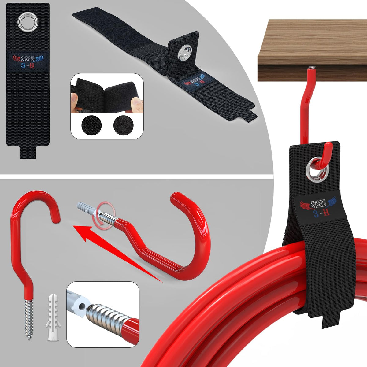 3-H Garage Wall Hooks 60 Pack, Heavy Duty Garage Hooks with Extra Welding Spots, Wall Mount Storage Organizer for Hanging Garden Lawn Tools, Ladder, Bike, WeedEater, Chair, Shovel, Blower (Red)