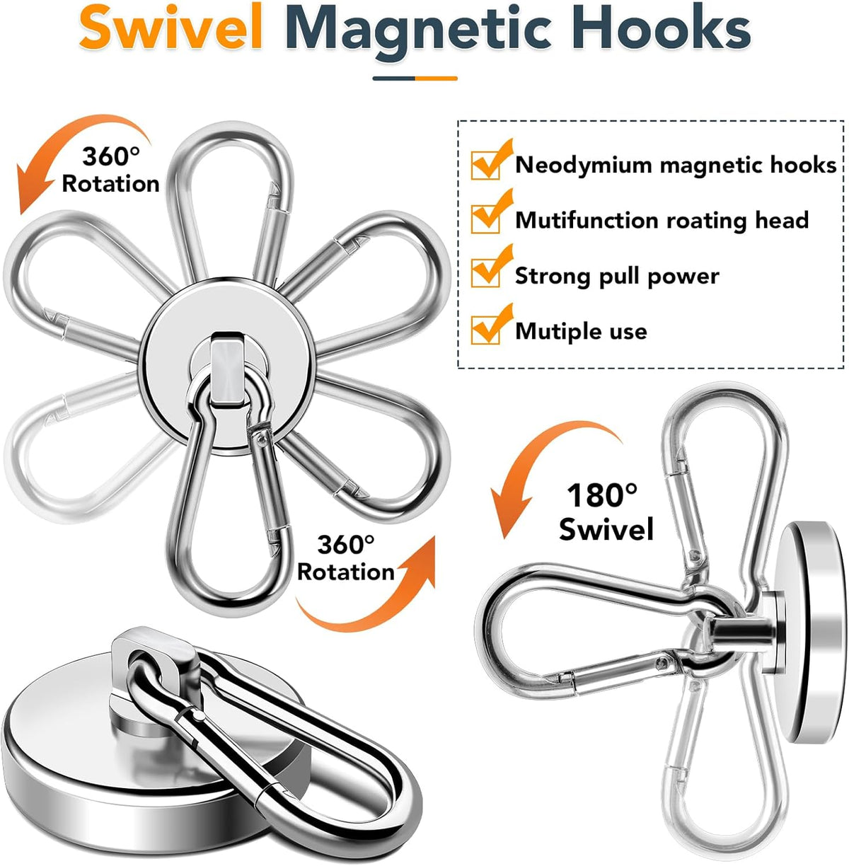 MIKEDE 150LB Magnetic Hooks, Neodymium Magnets Heavy Duty with Swivel Carabiner Hooks, Strong Rare Earth Magnets with Hooks for Garage, Kitchen, Cruise Cabin, Office - 3 Pack