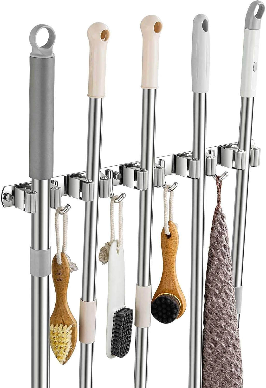Broom Holder Wall Mount, Stainless Steel Broom Hanger Wall Mount, Heavy Duty Mop and Broom Holder Tool Racks Utility Hooks for Laundry Room Garden Garage, Grey (5 Racks and 4 Hooks)