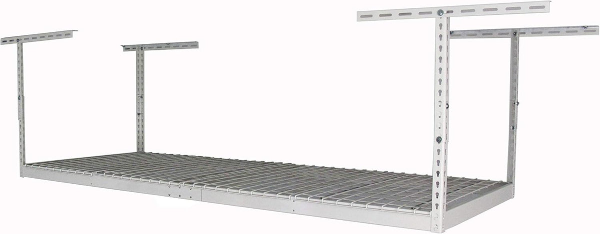 MonsterRax Overhead Garage Storage Racks 3x8’ Ceiling Mounted Shelving, Adjustable Hanging Organizer, Heavy Duty Steel, Holds 500 Pounds, Color: White, Adjustable from 24"-45" off the Ceiling