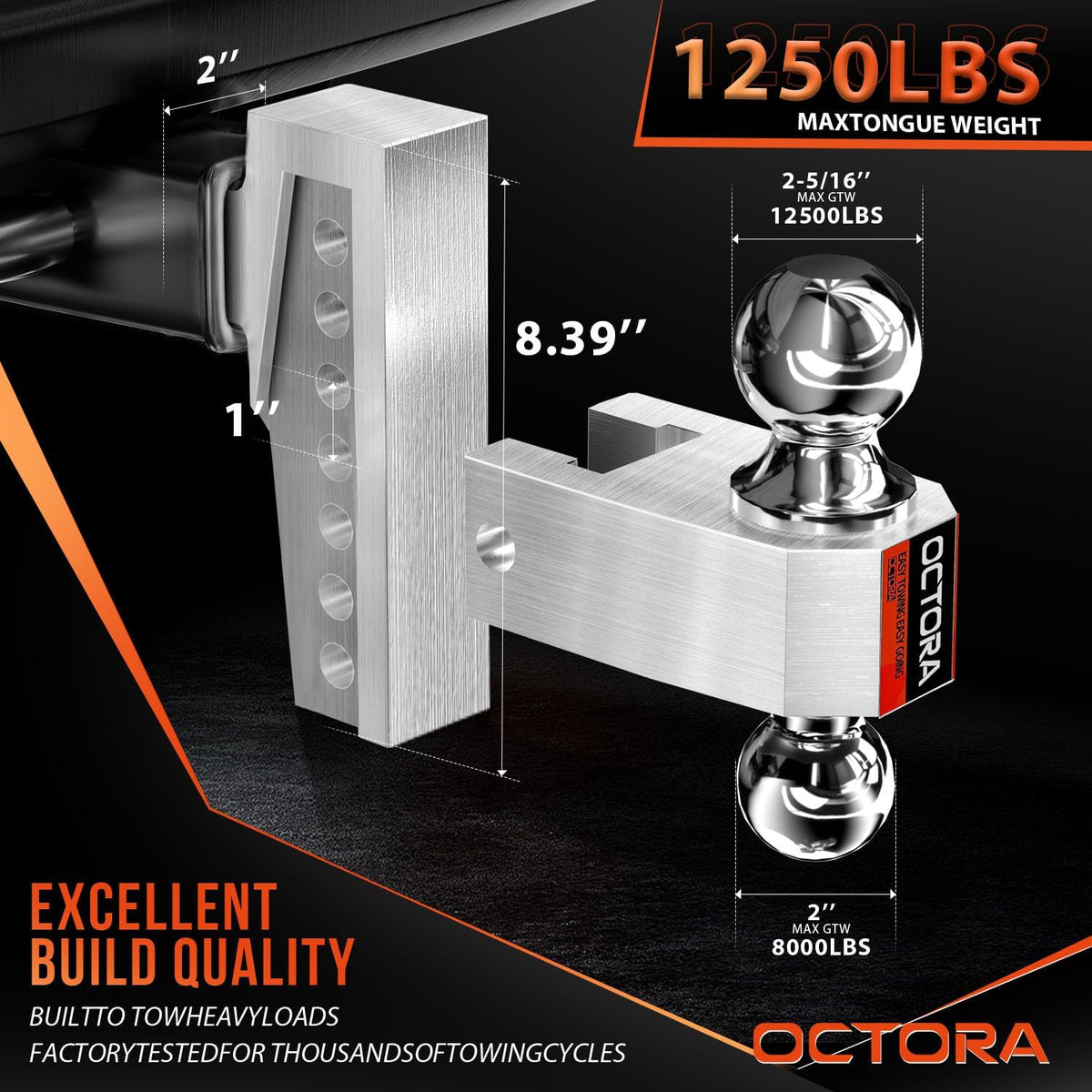 Adjustable Trailer Hitch (Fits 2-Inch Receiver) - Aluminum Tow Hitch with 6-Inch Drop/Rise for Truck (12,500 LBS GTW) - Double Anti-Theft Locking Hitch Pins (Silver, 2inch-6Drop)