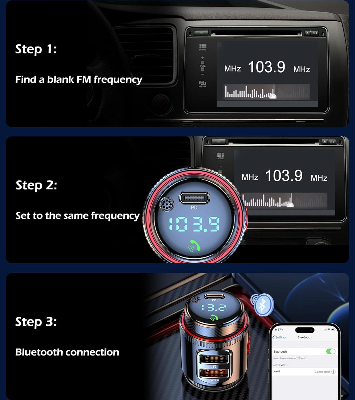 Bluetooth Car Adapter, Wireless AUX FM Transmitter, USB C&QC3.0 Dual Fast Charging, Cigarette Lighter Radio Music, Supports Hands-Free Siri Google Assistant & USB Drive, HiFi Bass Sound