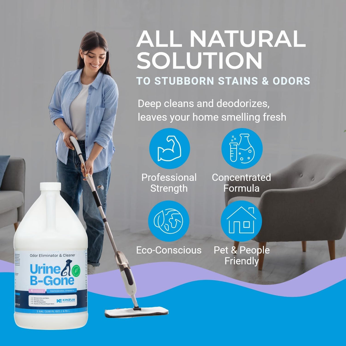 KINZUA ENVIRONMENTAL Urine B-Gone, Professional Enzyme Odor Eliminator & Pet Stain Remover, Human, Cat & Dog Urine Cleaner, Effective on Laundry, Carpets & More, Lavender Scent, 1 Gallon