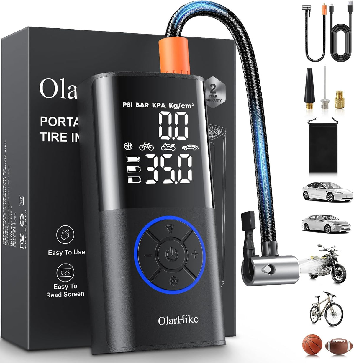 OlarHike Tire Inflator Portable Air Compressor, Long Range Battery-Powered, 160PSI Auto Air Pump for Car Tires, Bike,Bicycle, Motorcycles,Electric Pump with LED Light & Digital Pressure Gauge