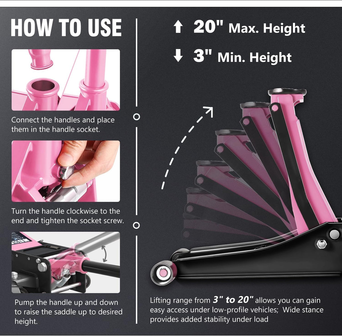 DNA MOTORING Low Profile Hydraulic Trolley Service/Floor Jack, 3 Ton (6000 lbs) Capacity, Lifting Range 3"-20", Pink, TOOLS-00475-PK