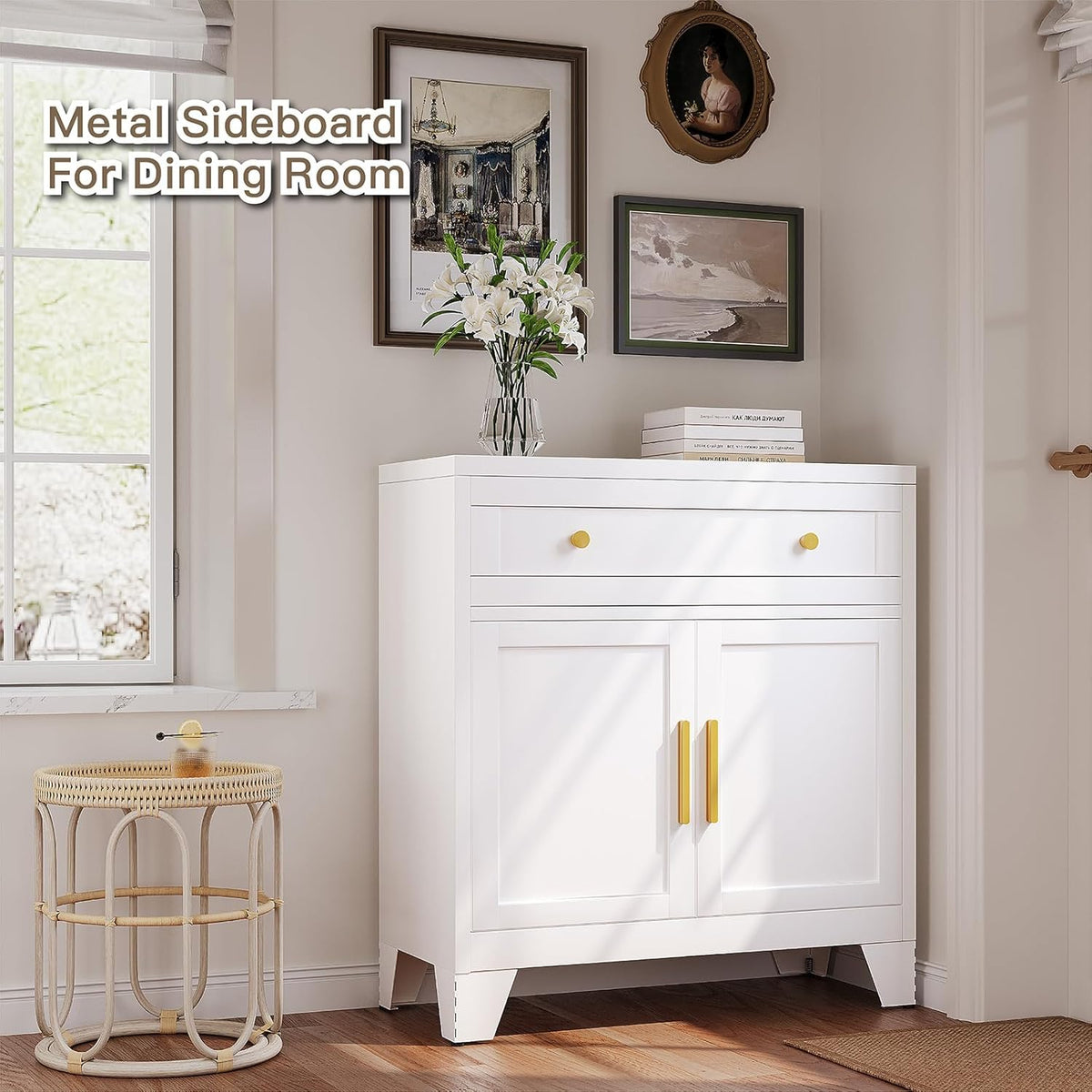 Metal Sideboard Cabinet with Big Drawers,Farmhouse Coffee Bar with One Adjustable Shelves,Buffet Cabinet,Metal Storage Cabient for Kitchen, Dining Room, Entryway, White