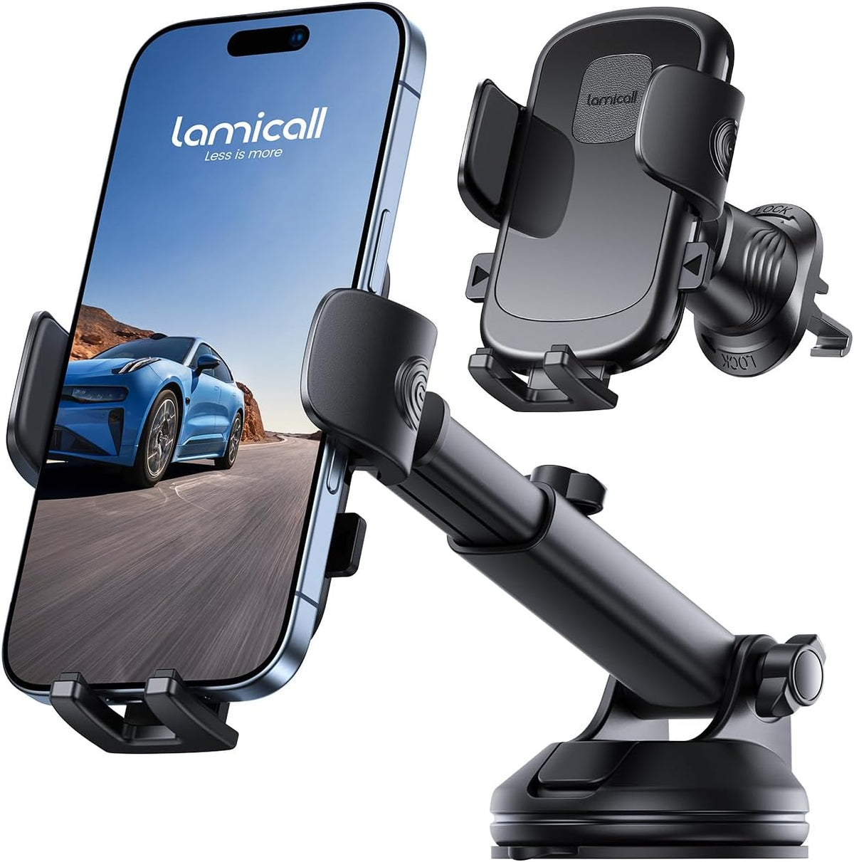 Lamicall Car Phone Holder Mount [3-in-1 Military-Grade Suction Cup] 360° Rotation Phone Holders for Your Car [Metal Hook] Cell Phone Car Mount Dashboard Vent Windshield Smartphone LeatherGrain