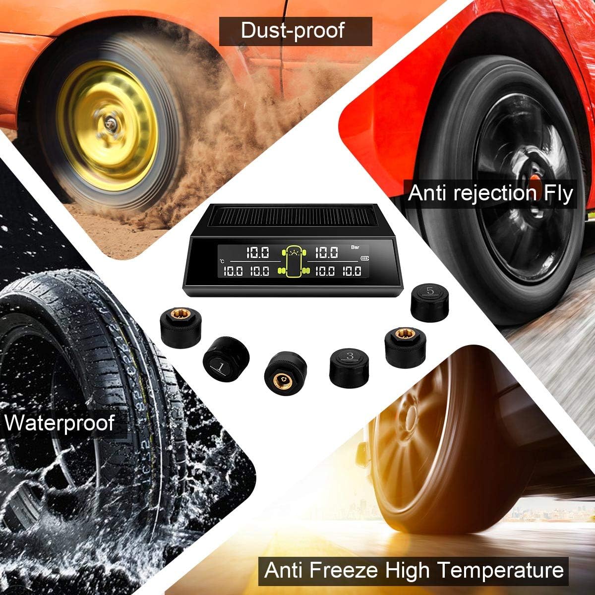 RV TPMS Tire Pressure Monitoring System, TS200 Solar Wireless TPMS with 6 Tire External Sensors Digital LCD Display RV Auto Security Alarm for Car RV Trailer Truck Tow Motorhome