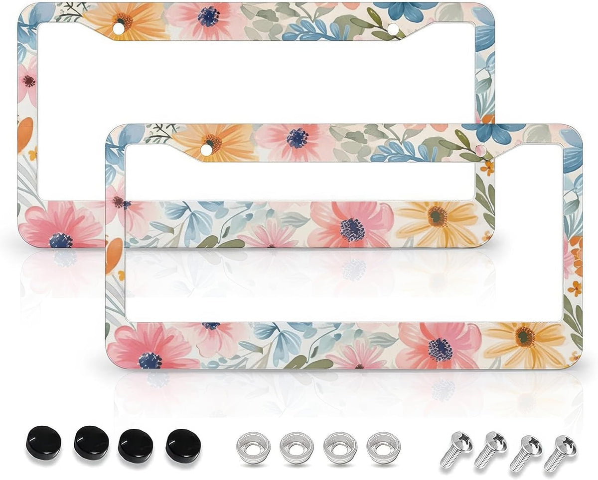 Flowers Floral License Plate Frames - 2 Pcs Set 2 Holes Metal Aluminum Auto Car Accessories Decoration License Plate Frame 12.2 x 6.3 inch for Women Men Gift