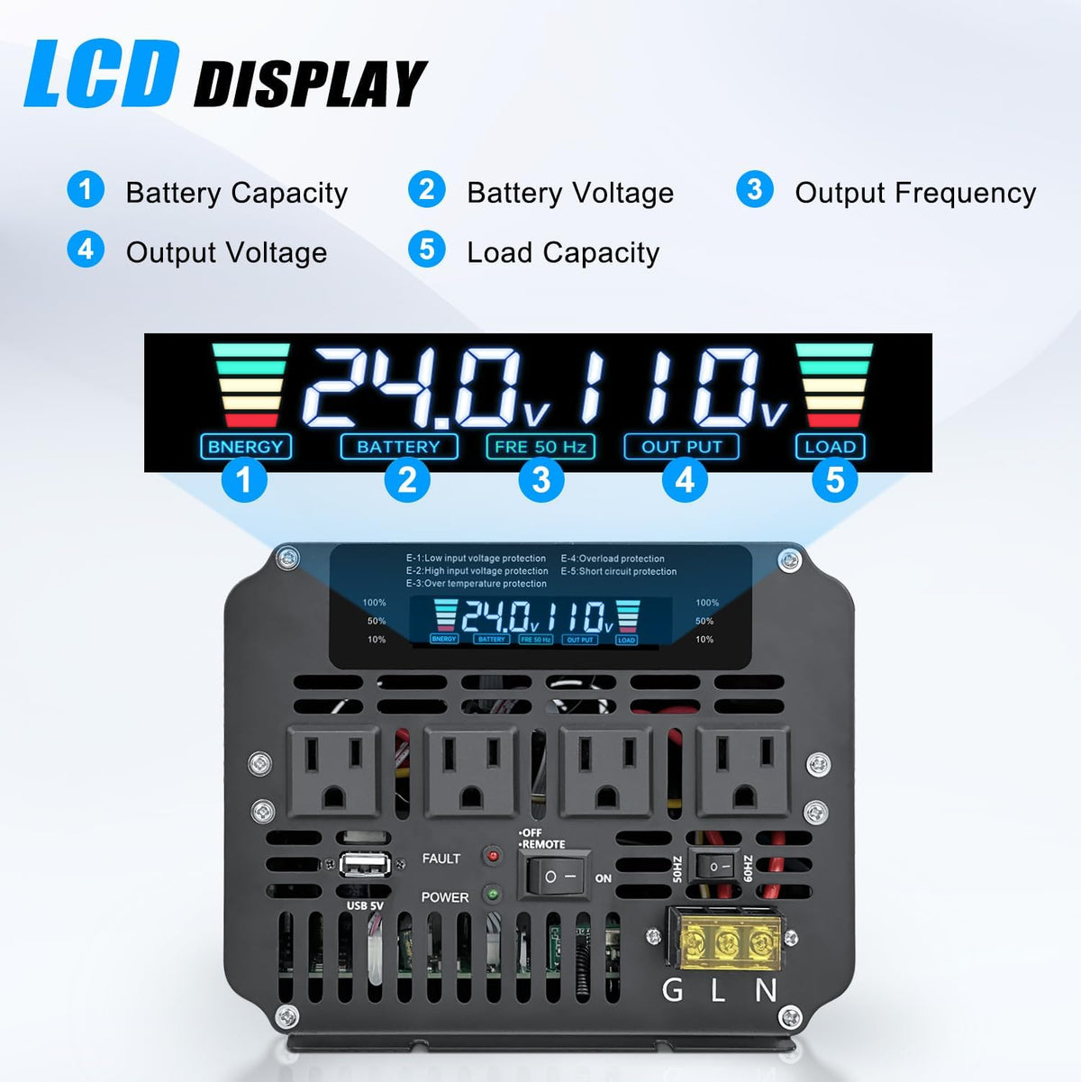 LVYUAN 5000 Watt Power Inverter 24V to 110V 120V for Vehicle, Solar Inverter System, Heavy Duty, RV, Truck, Off Grid,Camping with 4 AC Outlets, LCD Display, Wireless Remote Control, Car Power Inverter