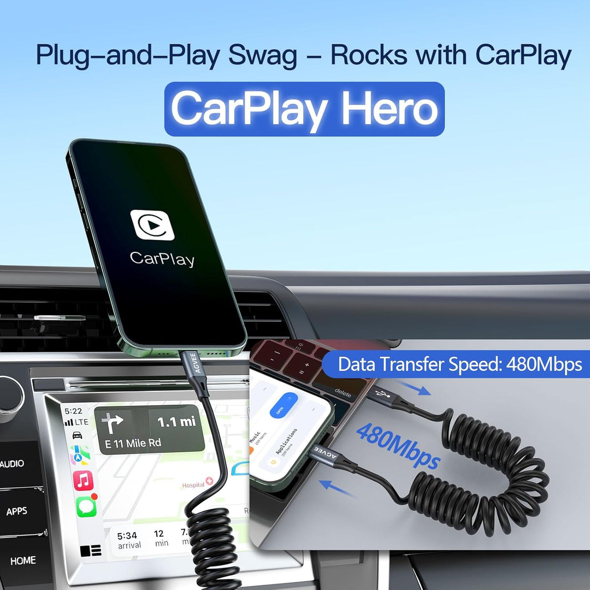 AGVEE 5ft Coiled Short USB-C to Lightning Charging Cable [MFI Certified] 30W PD Fast Charger Cord in Car for iPhone 14/13/12/11/XS/8/7/6/5 CarPlay, iPad, iPod, Dark Gray