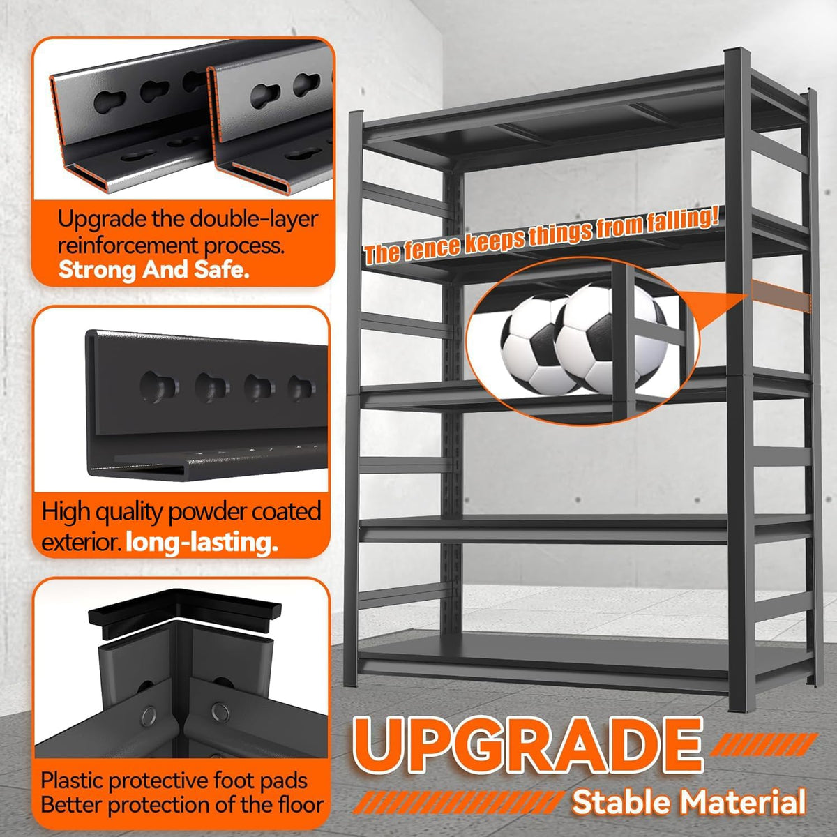 Adjustable 5-Tier Garage Shelving, Heavy Duty Steel Storage Rack, High Load Capacity, Ideal for Garage, Warehouse, or Home Organization (with Fences, 32" W*15.7" D*63" H)