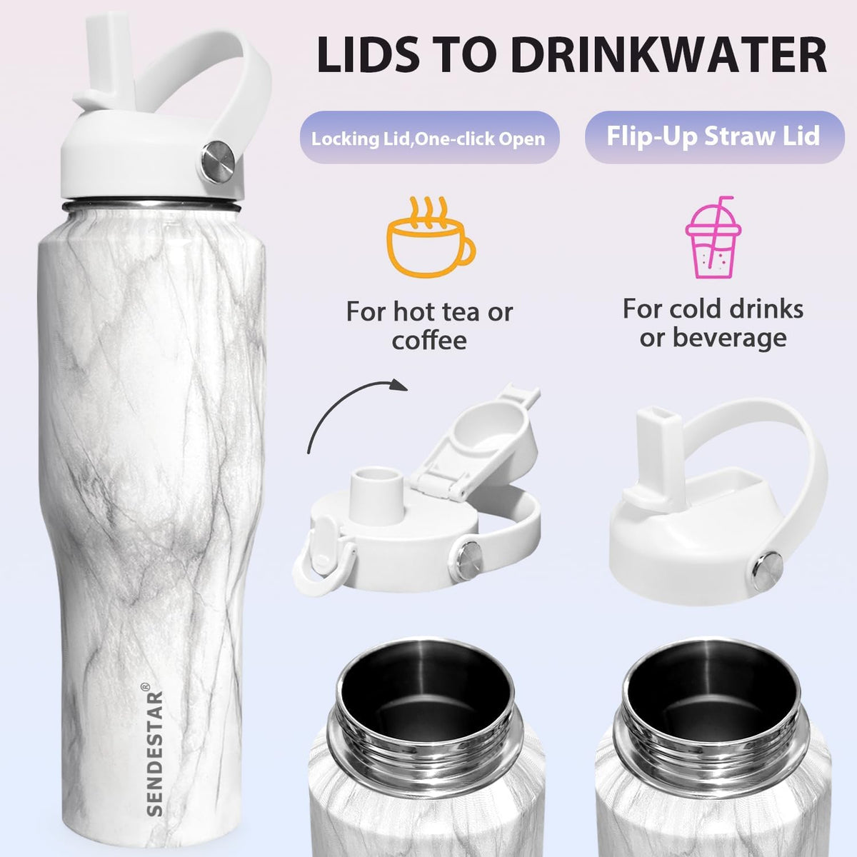 SENDESTAR 32oz Water Bottle Wide Mouth Stainless Steel Vacuum Insulated Double Wall with 2 Straw Lids Fit in Any Car Cup Holder TXIN-32-Marbling